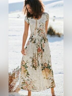 * Peruvian Connection Saltarello Floral Maxi Dress with Cap Sleeves *